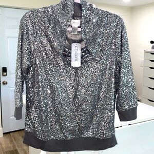 NWT Chicos size 1 silver fully sequined cowl neck pullover holiday top